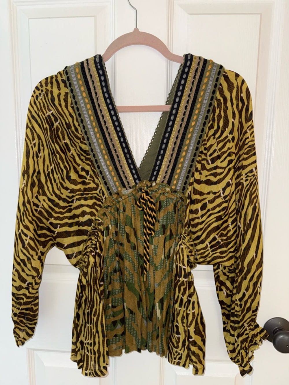 Anthropologie top, Animal Print V-Neck Blouse in Mustard and Olive